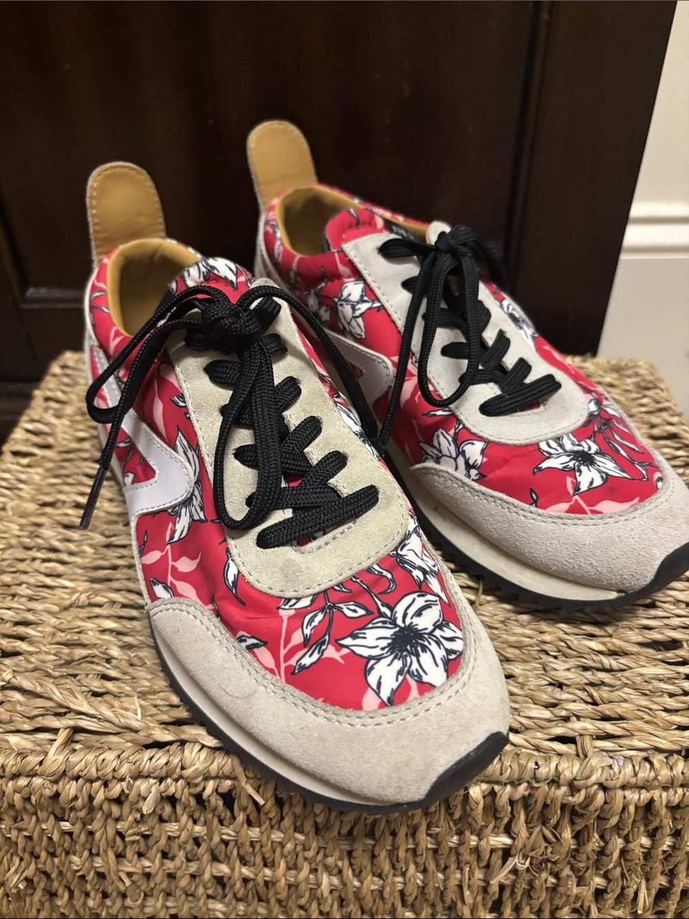 rag & bone Red Floral Lace-Up Sneakers with Beige Suede
